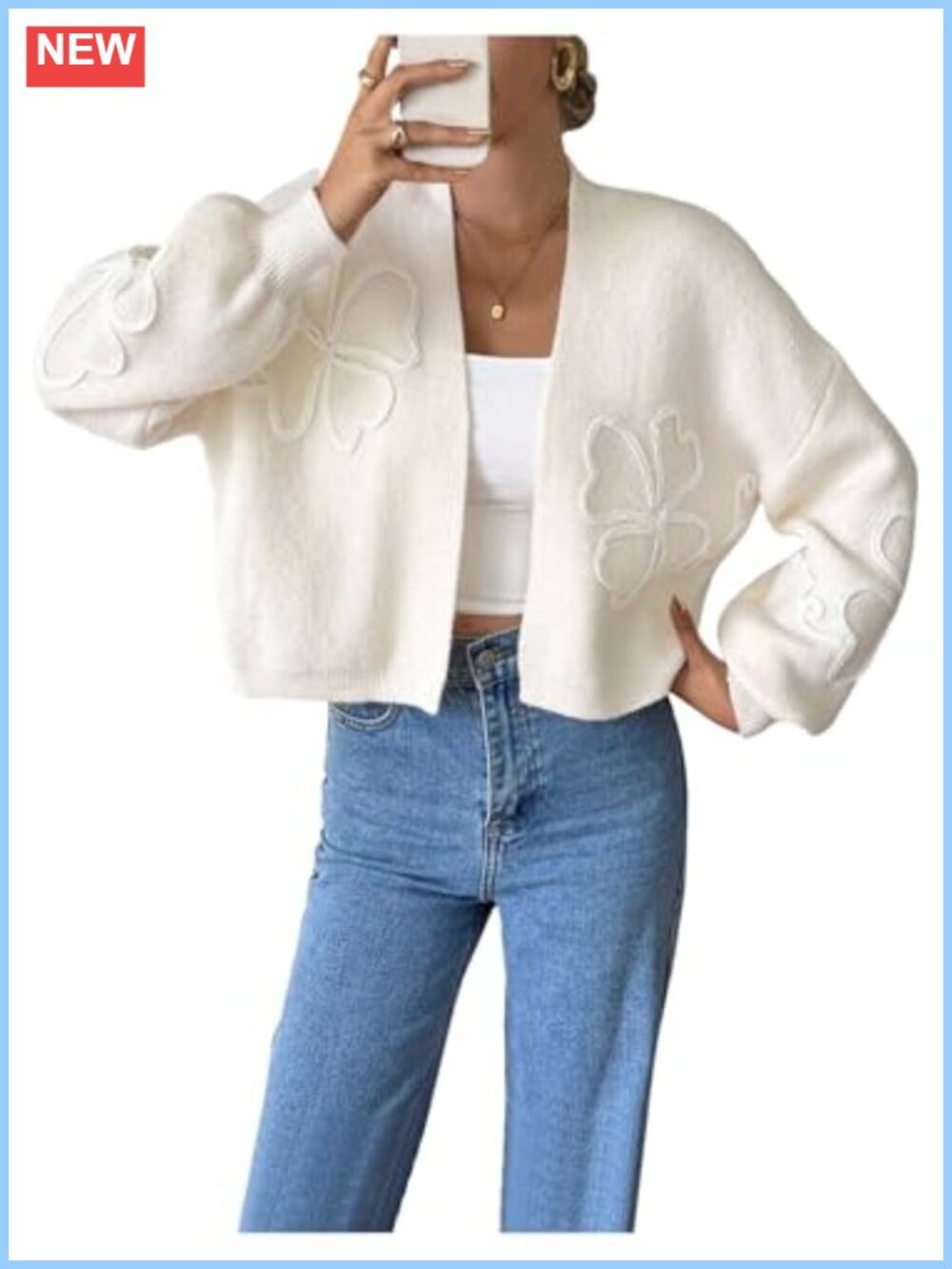 Women's Knit Cropped Cardigan Open Front Bishop Sleeve Sweater Outerwear